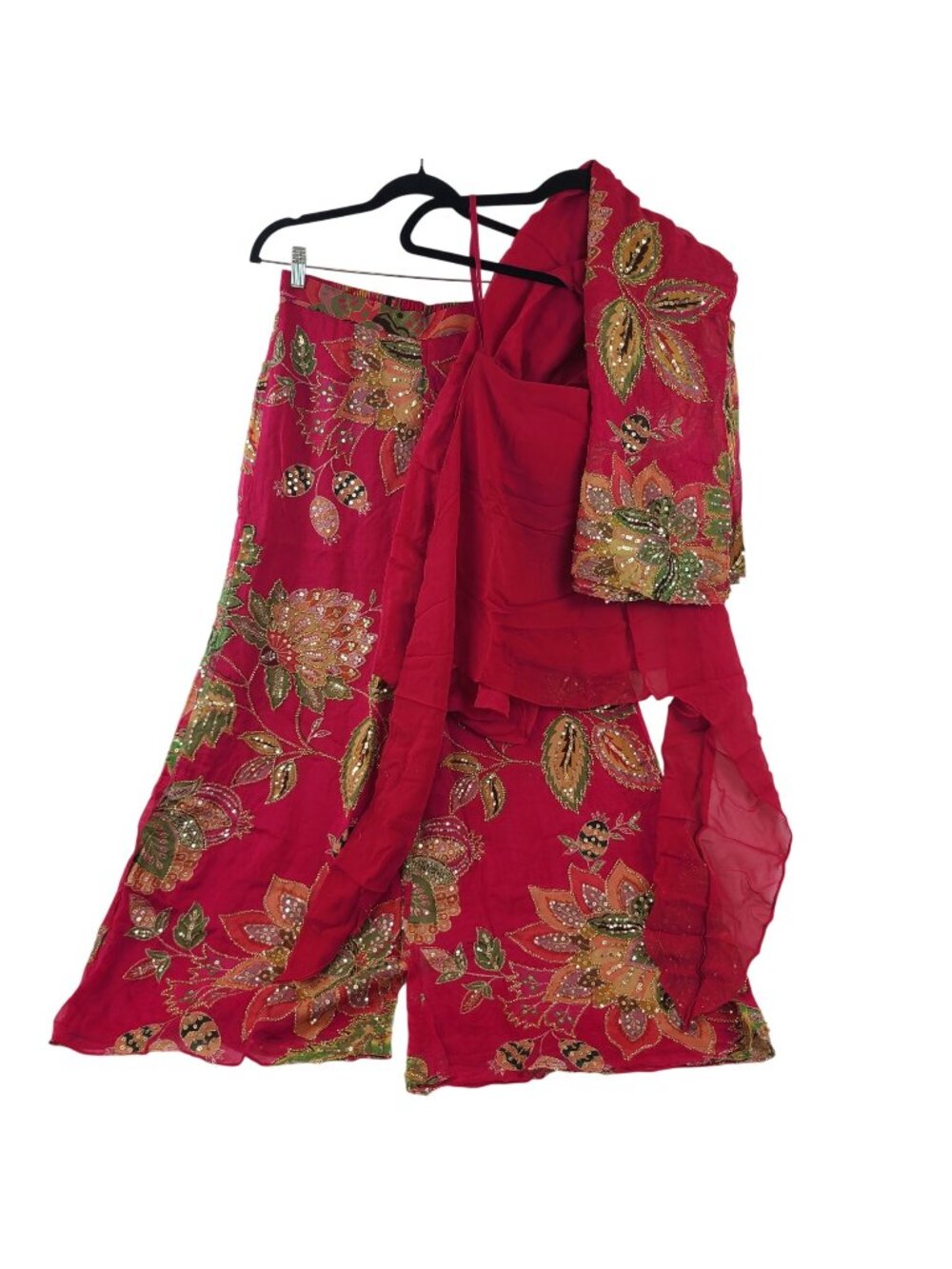 Floral Embroidered 3-Piece Indian Outfit Sequins Palazzo Pants Dupatta Crop Top